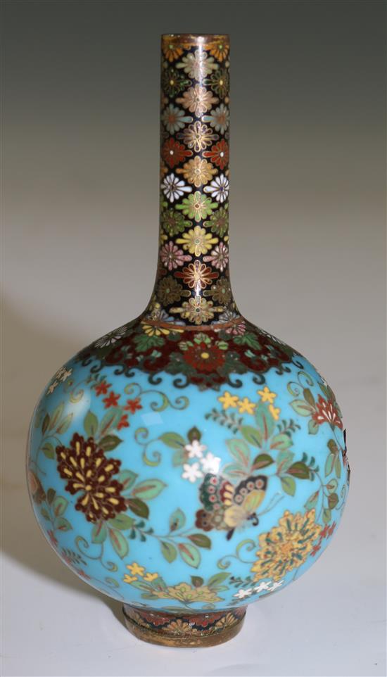 Namikawa Yasuyuki. A small Japanese cloisonne enamel bottle vase, Meiji period, 9.3cm, damage to one side